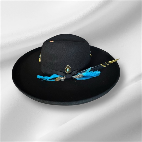Custom made Black fedora with Blue Feather Accents and gold embellishments main image 3
